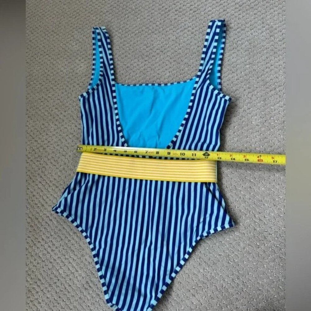 Diane Von Furstenberg Belted One Piece Swimsuit Blue Stripe Yellow Belt Size M - Picture 11 of 11